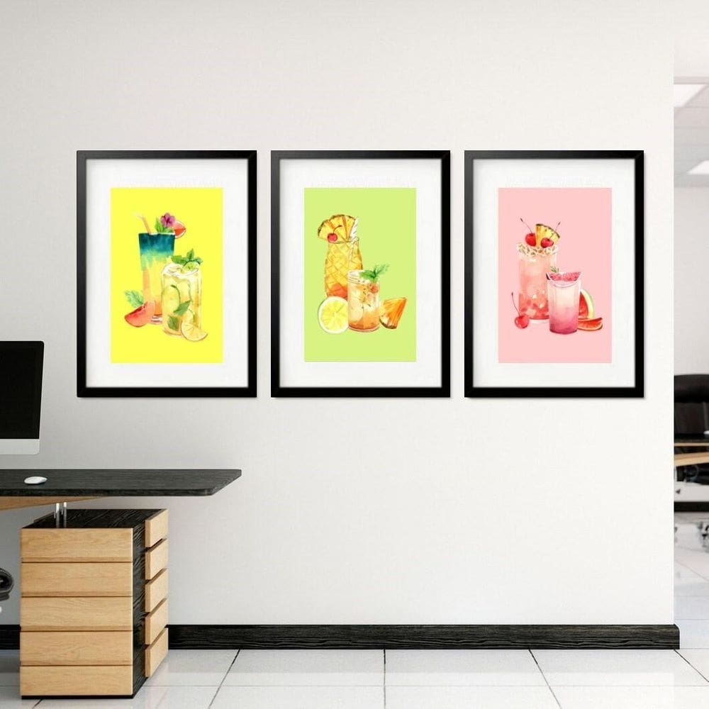 Kit 3 Quadros Grandes Drinks Aquarela 60X48Cm