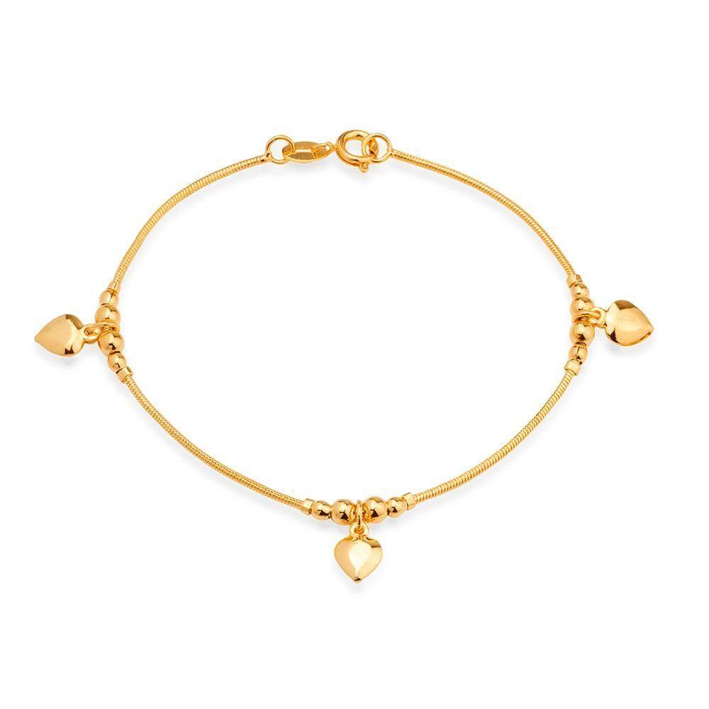 Pulseira Dourada Lisa Com 3 Pingentes De Coração