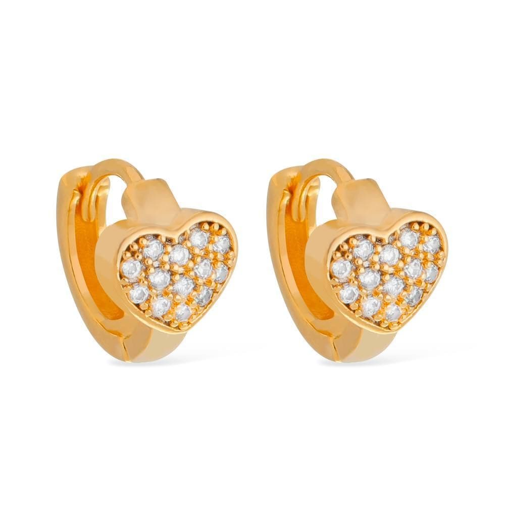 Brinco Dourado De Argolinha Pequeno Coração Cravejado Pedras