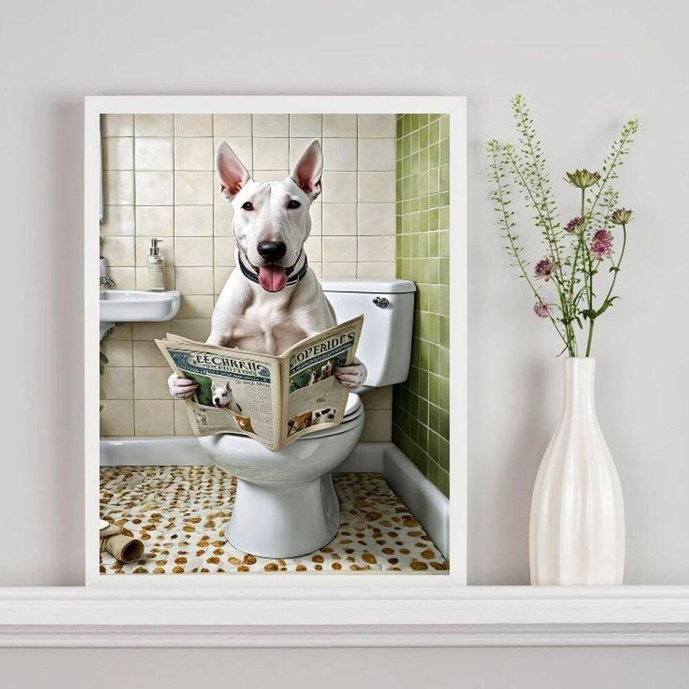 Quadro Divertido De Banheiro - Bull Terrier Jornal 33X24Cm