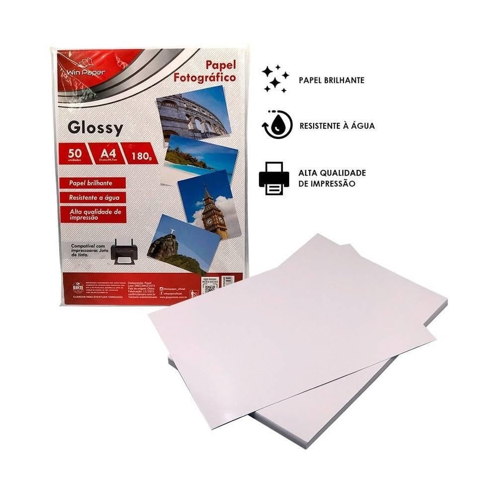 Papel Brilhante Fotográfico A4 Glossy 180G Com 50 Folhas