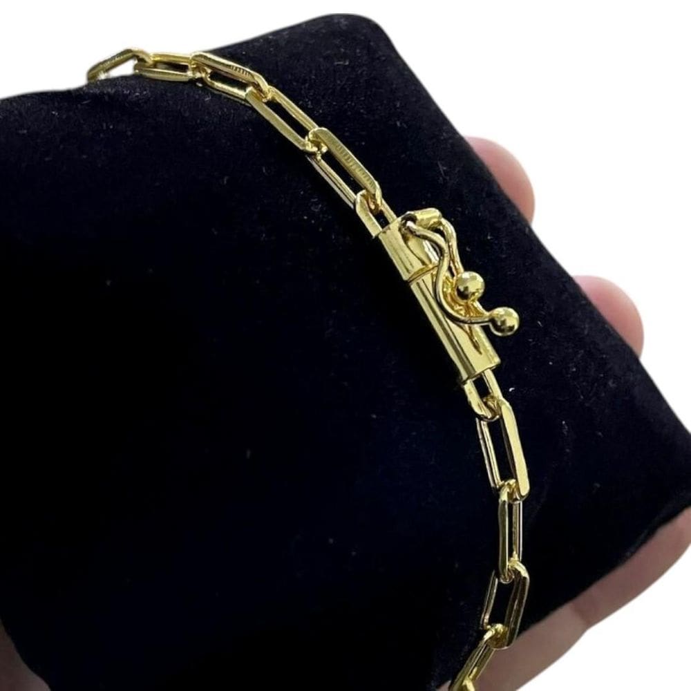 Pulseira Cadeado 5Mm Alongado Fecho Canhão Banhado Ouro
