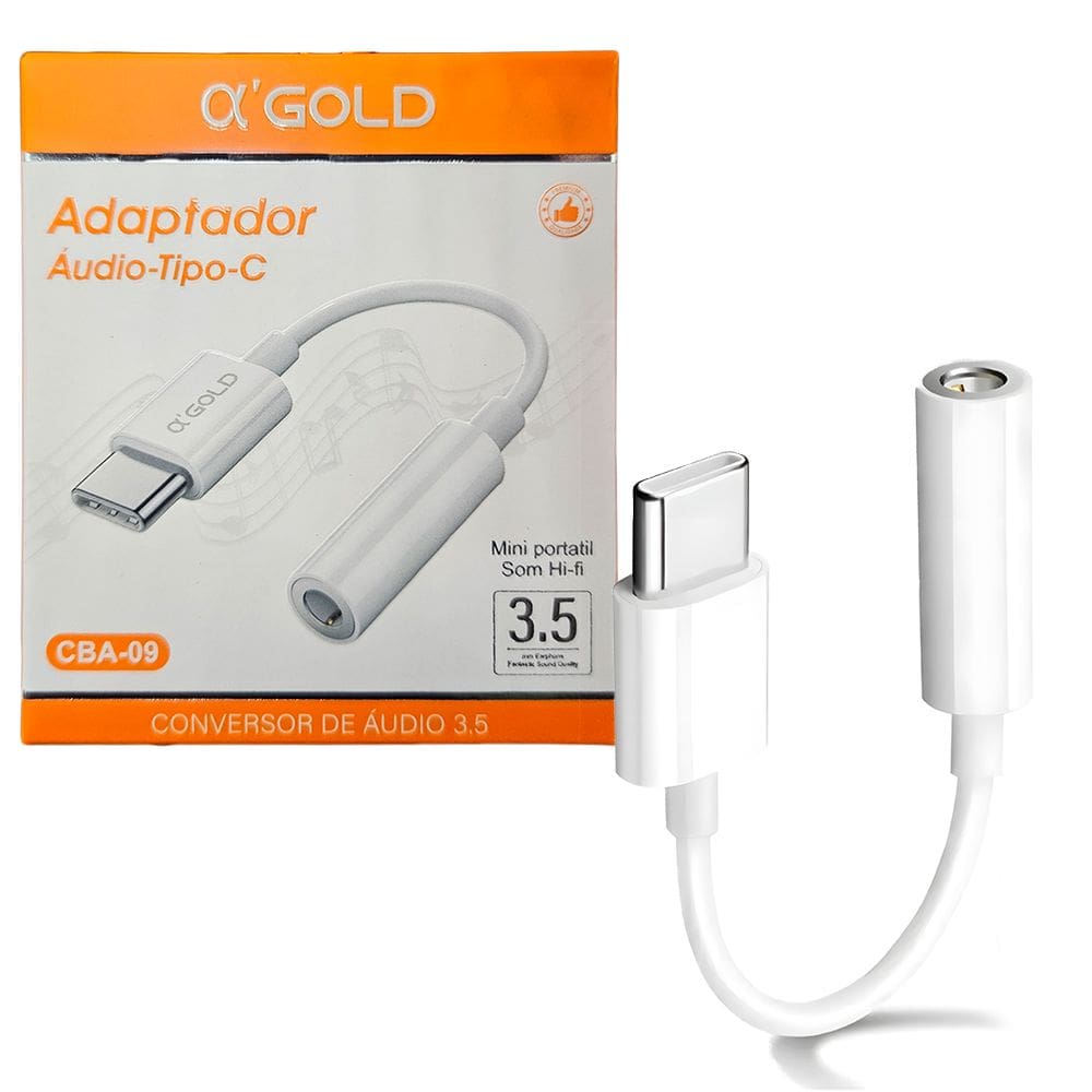 Adaptador Tipo-C para P2 A`Gold CBA-09, Conector USB-C Macho para P2 Fêmea, Adaptador Fone de ouvido - Branco