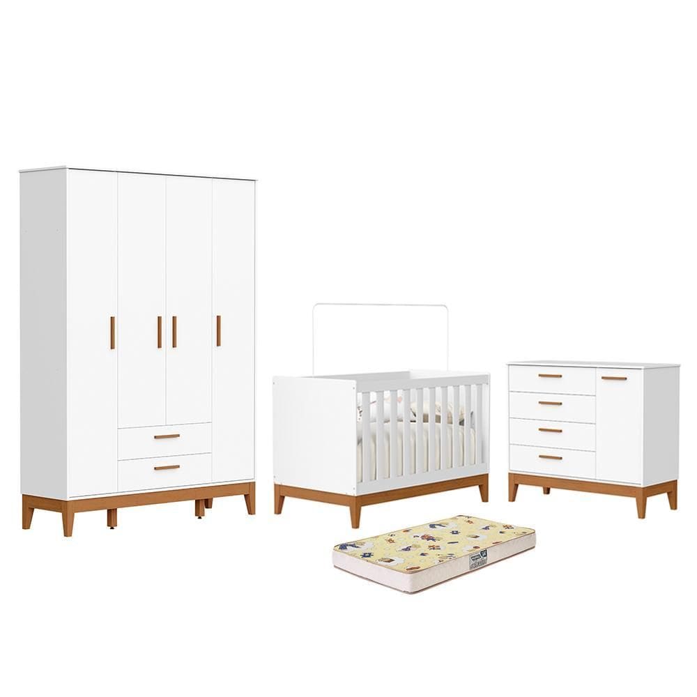 Dormitório Infantil Flip Guarda Roupa 4 Portas, Cômoda 1 Porta e Berço com Colchão Supreme - Reller Móveis