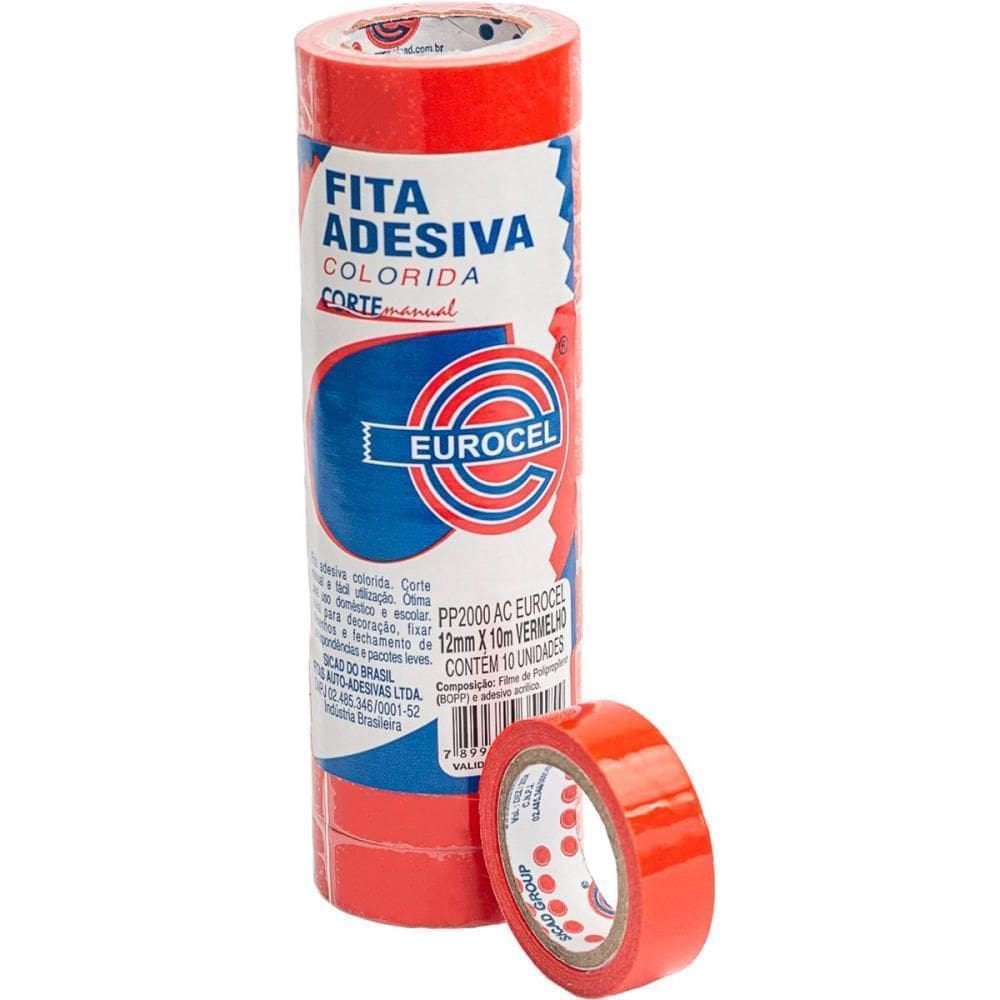 Fita Adesiva Pp 2000 12Mmx10M Vermelha 10 Rolos - Eurocel