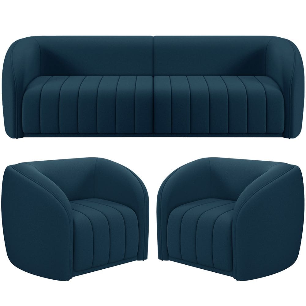 Kit Sofá 4 Lugares Para Sala 292cm com 02 Poltronas Lazio M03 Veludo Azul - Lyam Decor