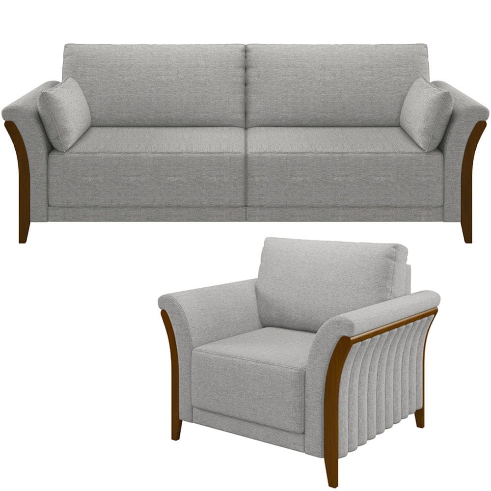 Kit Sofá 3 Lugares Sala Estar 222 Com Poltrona Stefan Pés Madeira M03 Linho Cinza - Lyam Decor