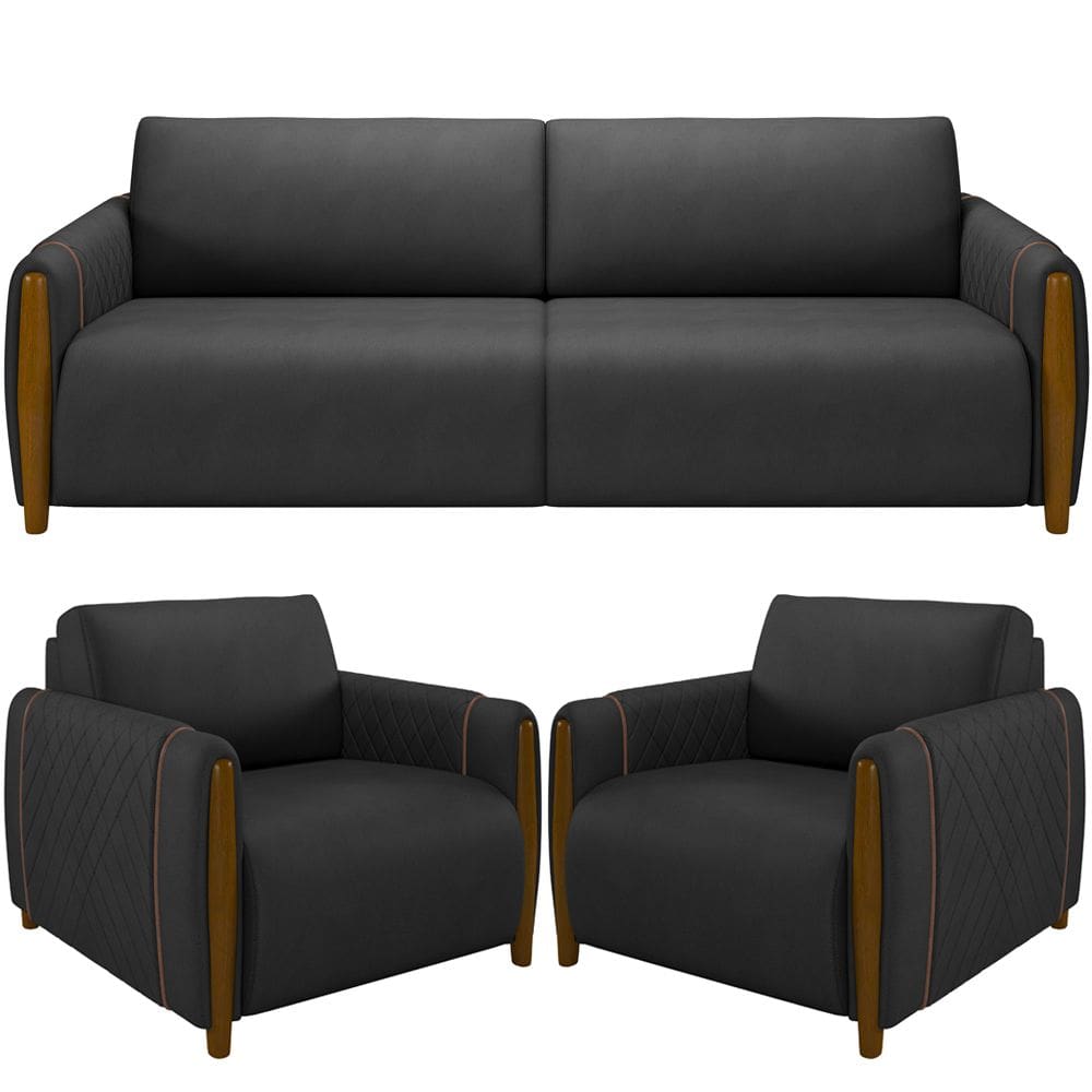 Kit Sofá 03 Lugares Sala Estar 223cm Com 02 Poltronas Flora Pés Madeira M03 Couríssimo Preto - Lyam Decor