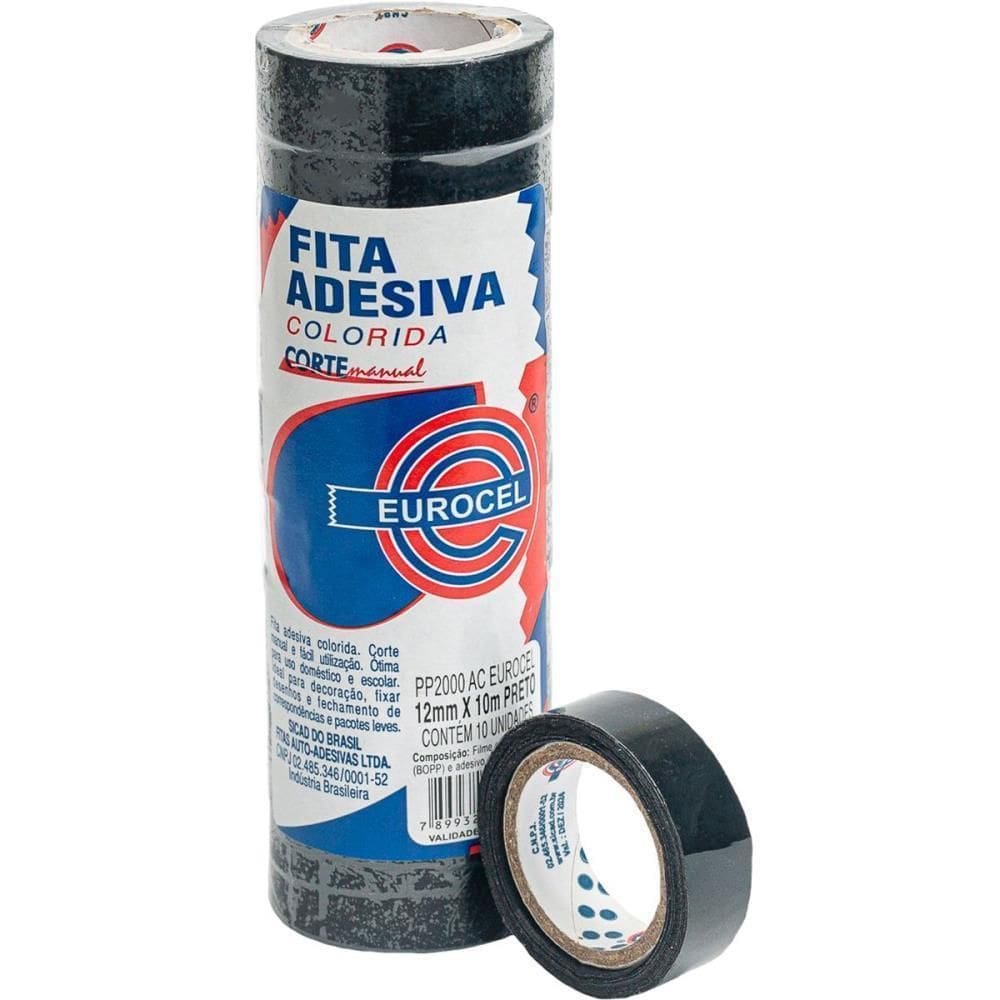 Fita Adesiva Po 2000 12Mmx10M Preta 10 Rolos - Eurocel