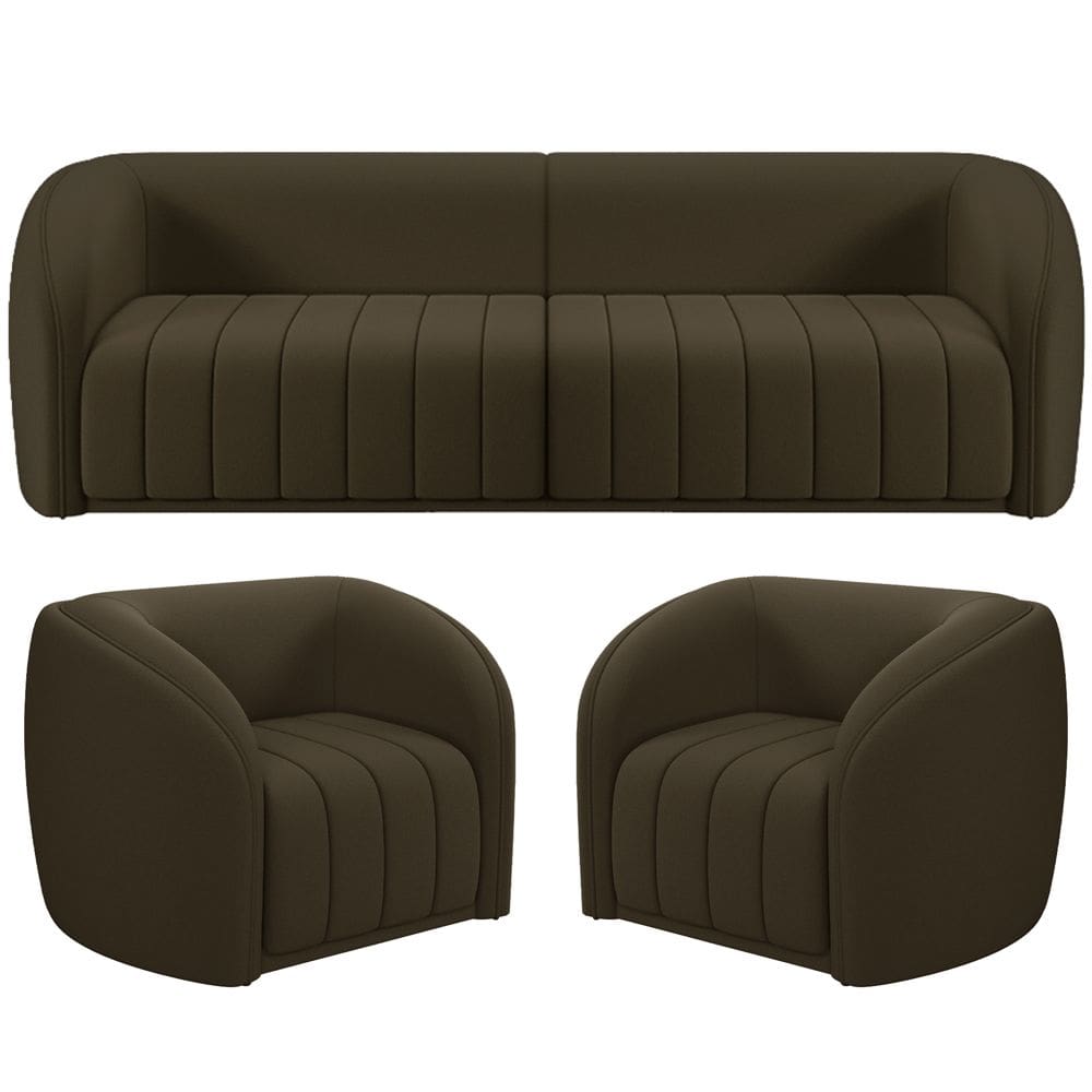 Kit Sofá 5 Lugares Para Sala 332cm com 02 Poltronas Lazio M03 Veludo Marrom - Lyam Decor