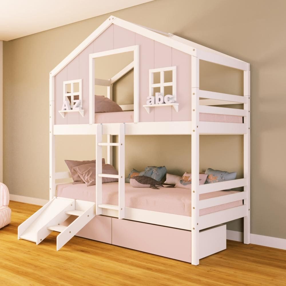 Beliche Casinha Sonhos com 02 Gavetas Rosa Kit Escada/ Escorregador Madeira Maciça Rosa/ Branco Housin