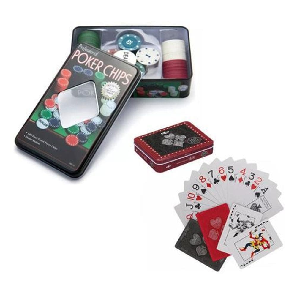 Kit Poker Em Lata 100 Fichas + 2 Baralhos De Plástico Truco