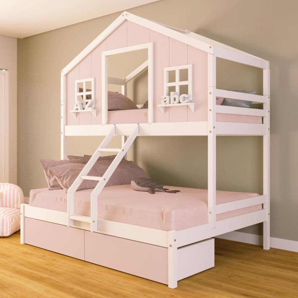 Beliche Casal/ Solteiro Casinha Sonhos com 02 Gavetas Rosa Madeira Maciça Rosa/ Branco Housin