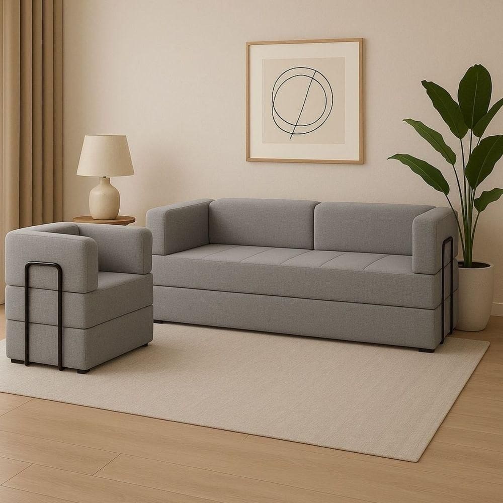 Kit Sofá E Poltrona Na Caixa Modular Roberta Para A Sala Cinza