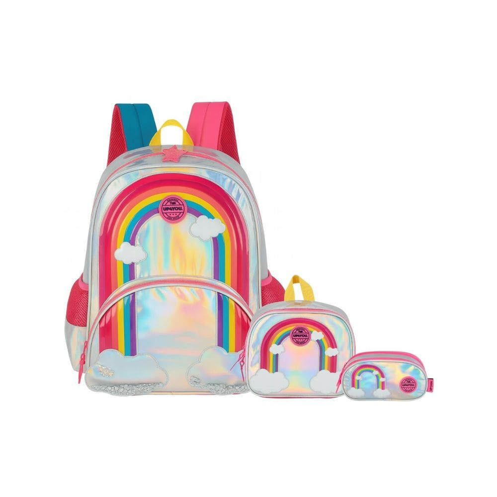 Kit Arco Íris Mochila De Costas + Lancheira + Estojo Triplo