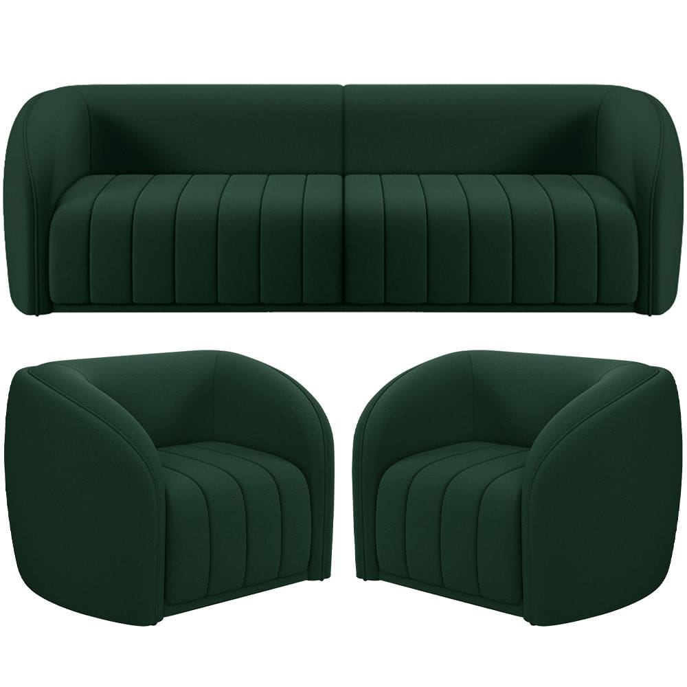 Kit Sofá 5 Lugares Para Sala 332cm com 02 Poltronas Lazio M03 Veludo Verde - Lyam Decor