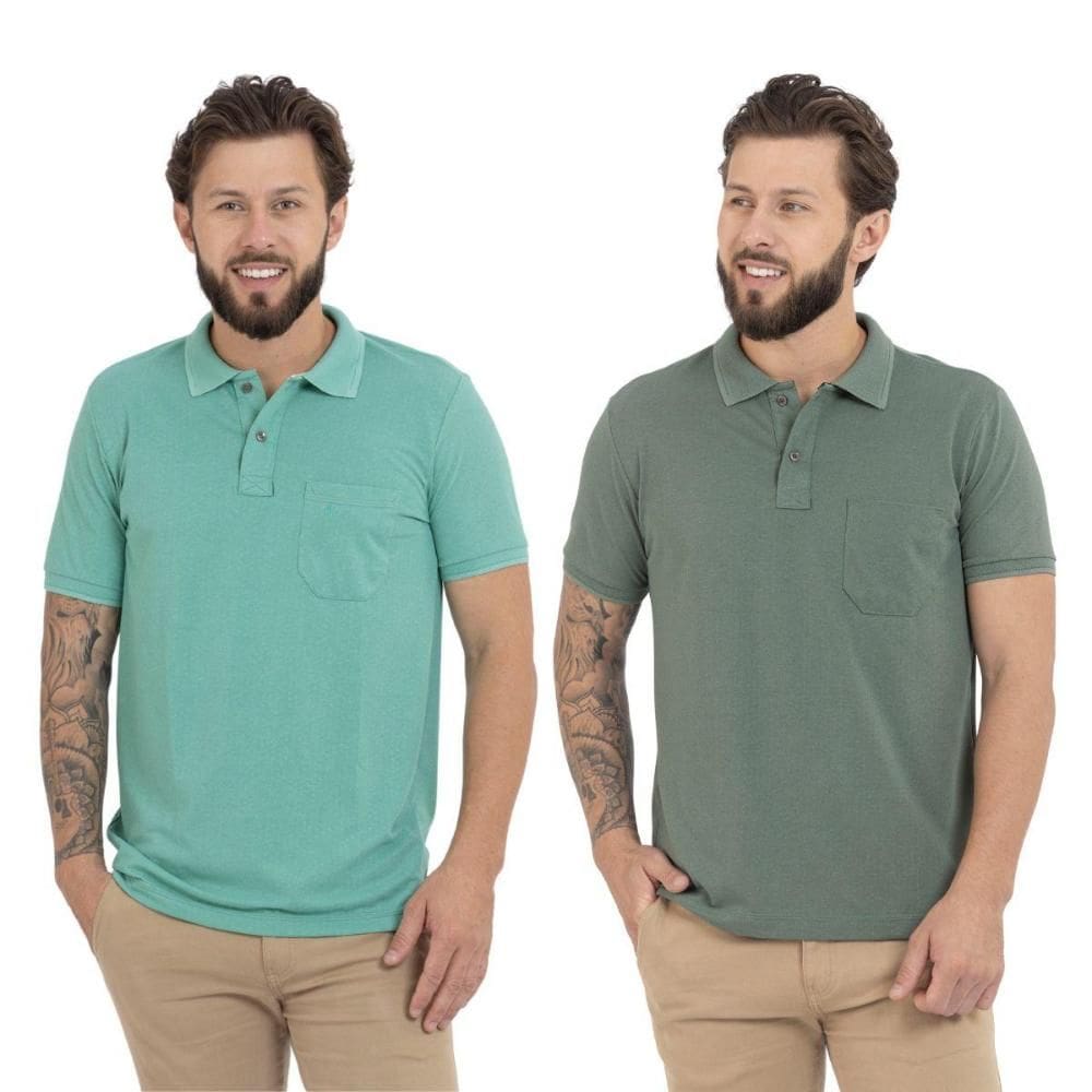 Kit 2 Camisa Polo Masculina Pique Jacquard com Bolso Casual