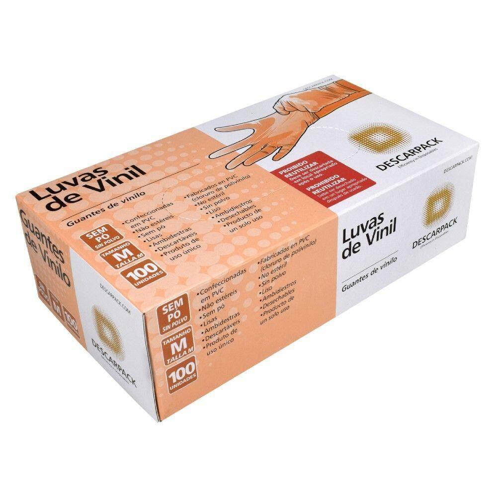 Luva De Vinil Descartável M Sem Pó - 100 Unidades Descarpack