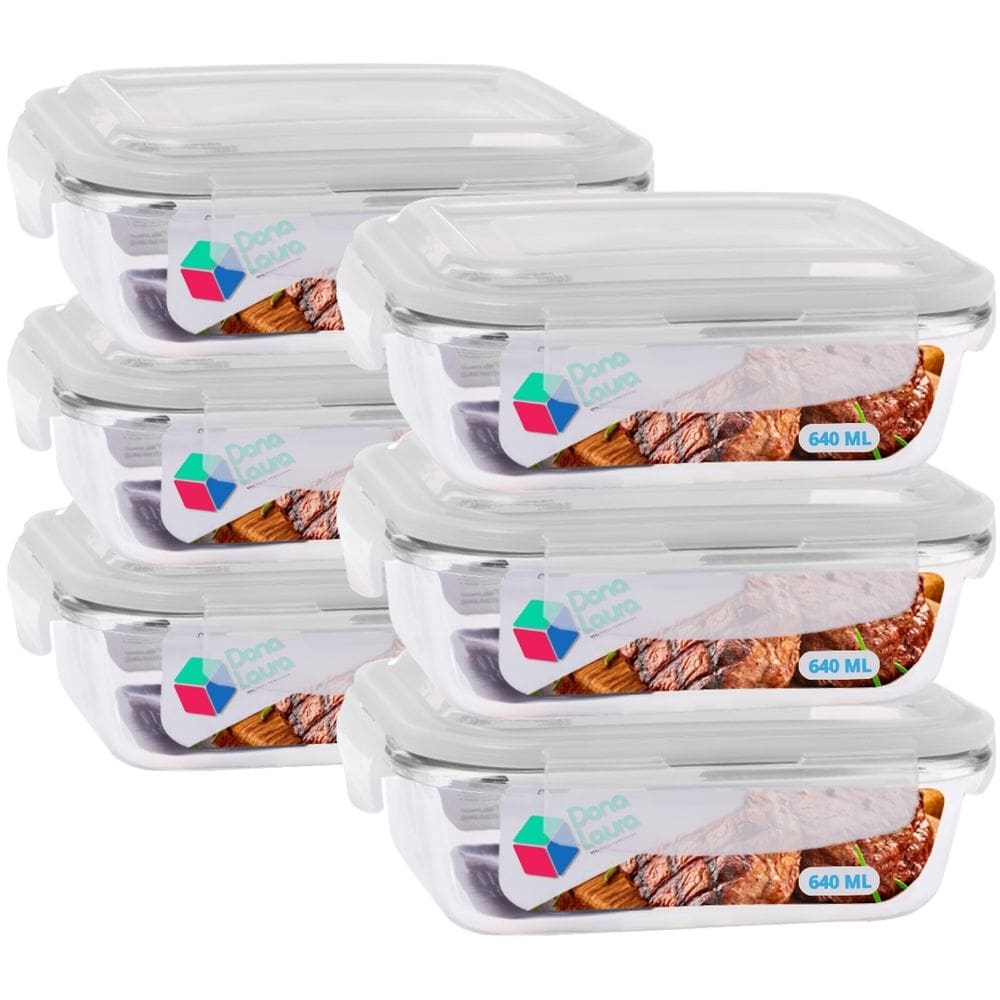Jogo 6 Potes Marmitas Fitness 640ml Vidro Retangular Tampa Hermetico