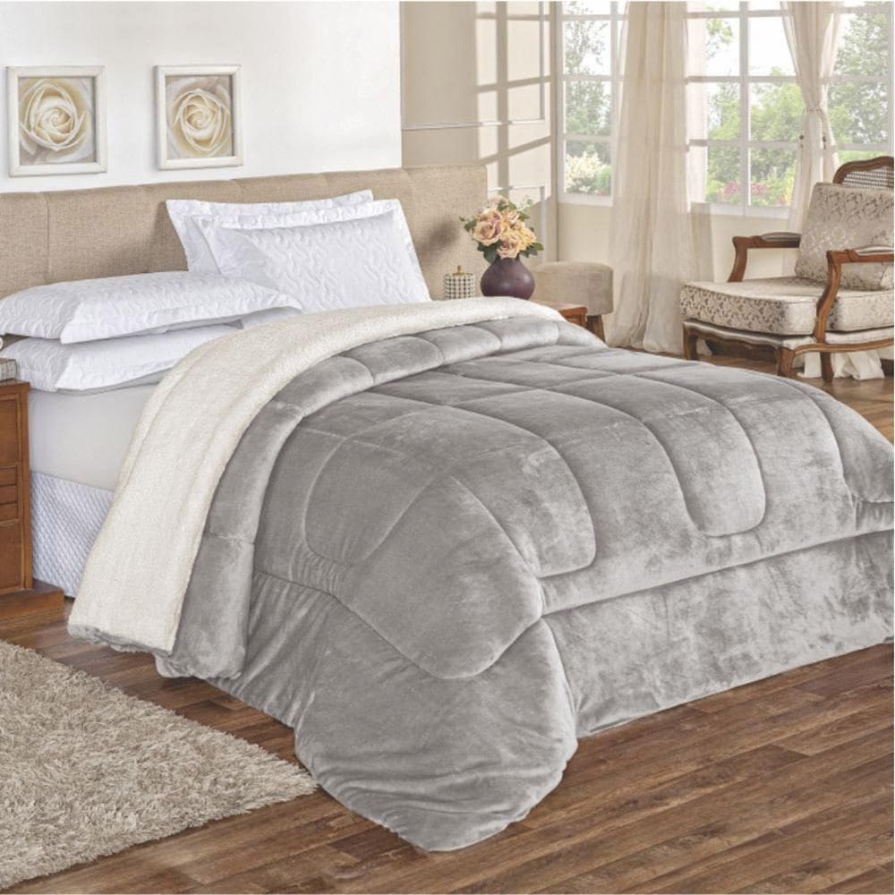 Edredom Insinuante Solteiro Dupla Face Sherpa Toque Lã Cinza