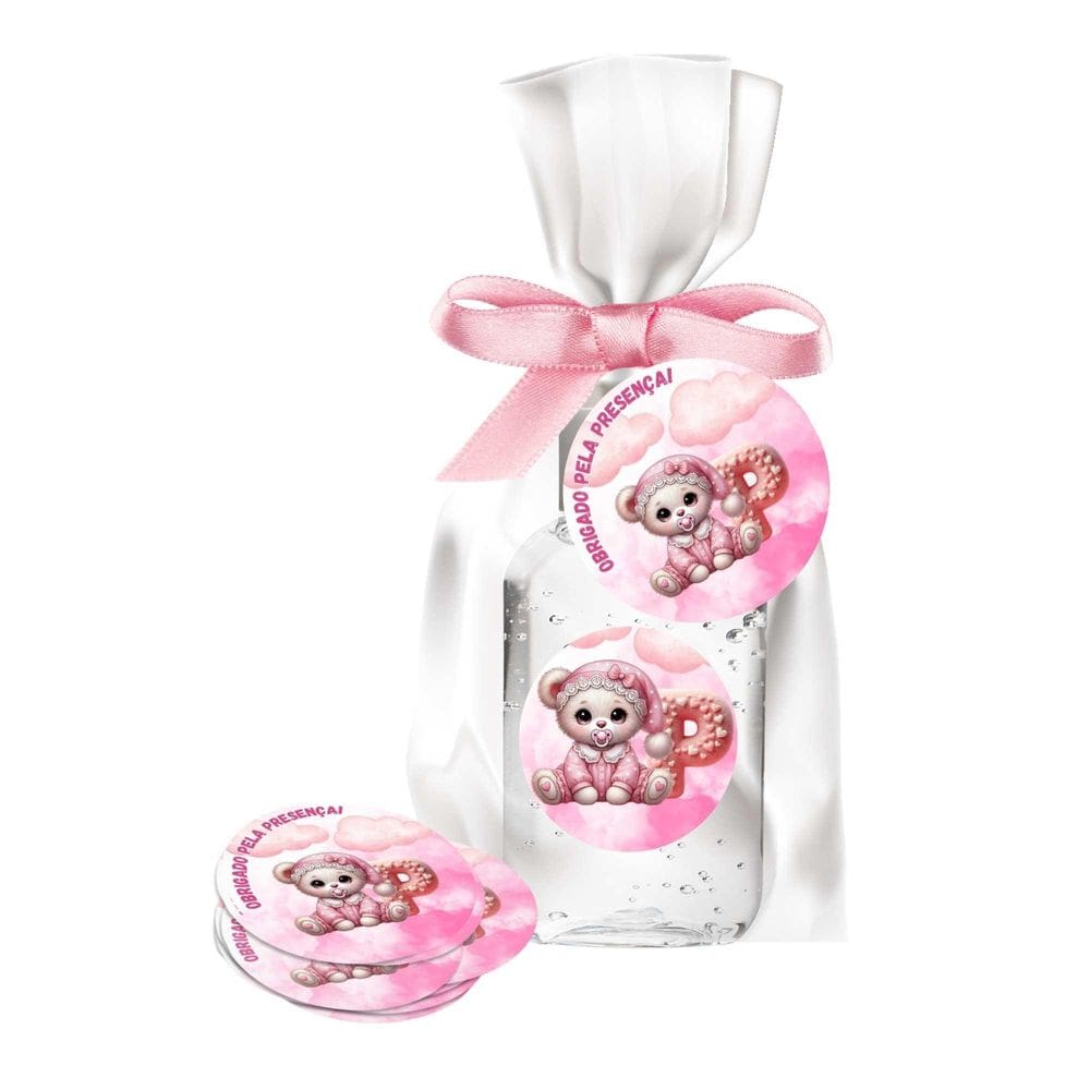 Kit 25 Lembrancinhas Alcool Gel Ursinha Rosa Letra P