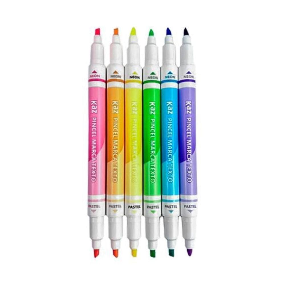 Pincel Marca Texto 2 Em 1 Neon + Pastel 6 Unidades Kaz