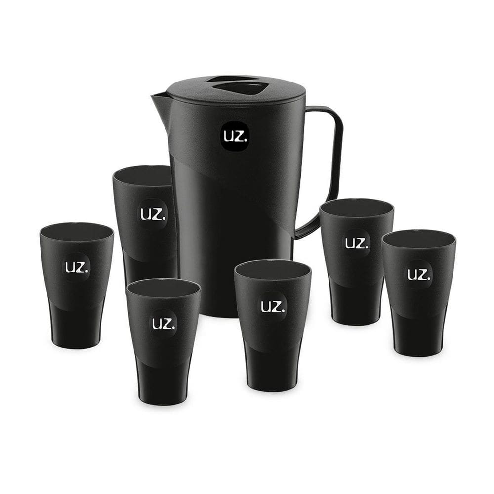 Jogo De Jarra 2L Com 6 Copos Plástico Suco Agua Uz Preto