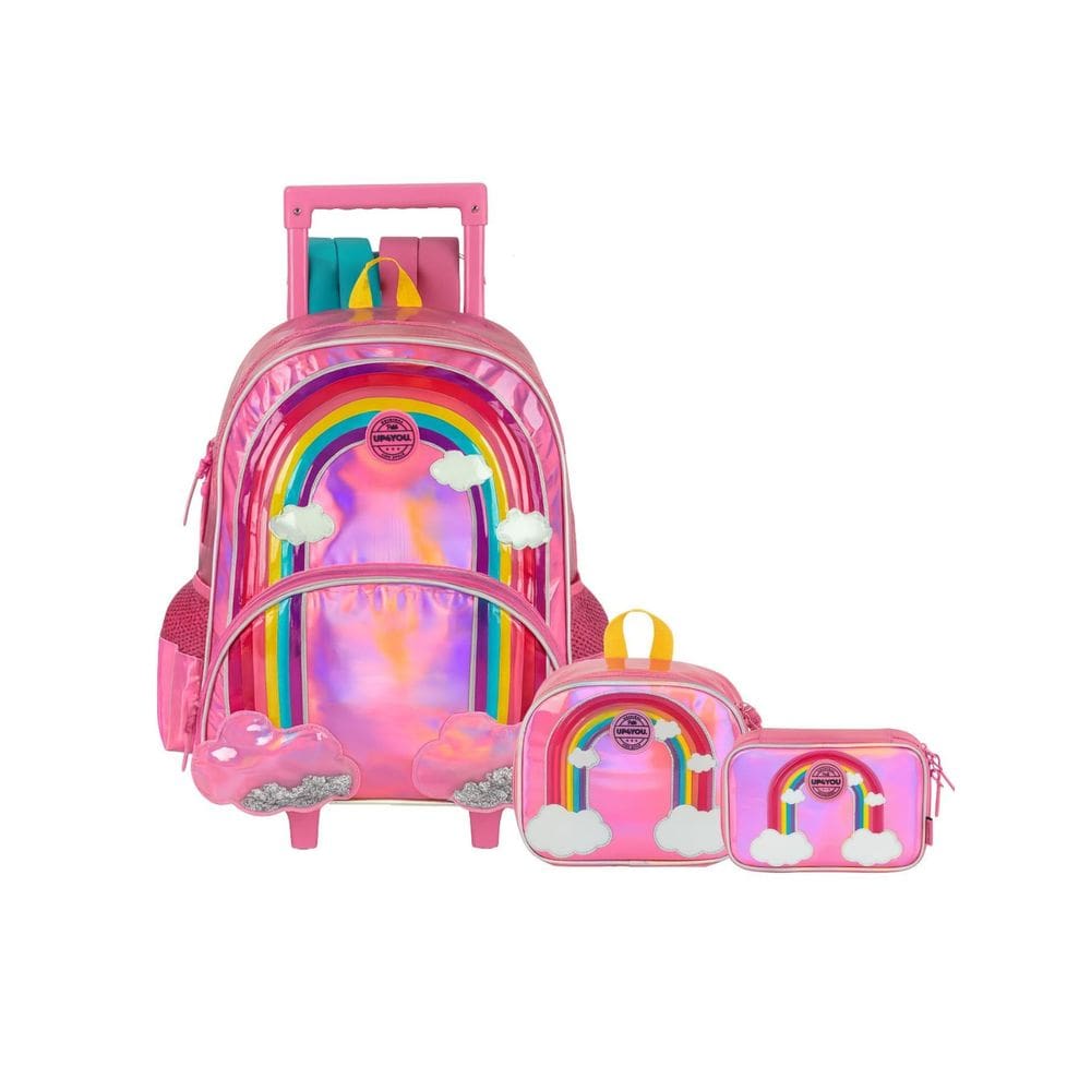 Kit Arco Íris Mochila Costas Rodas + Lancheira + Estojo Box