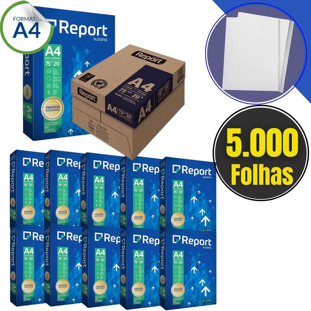 Caixa de Papel Sulfite A4 com 5.000 Folhas Report Premium 75g/m² Branco (KIT 10 Resmas de 500 Folhas)