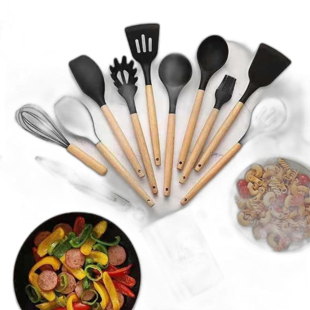 Kit Utensilios Cozinha Silicone Colher Copo Suporte 12 Peças