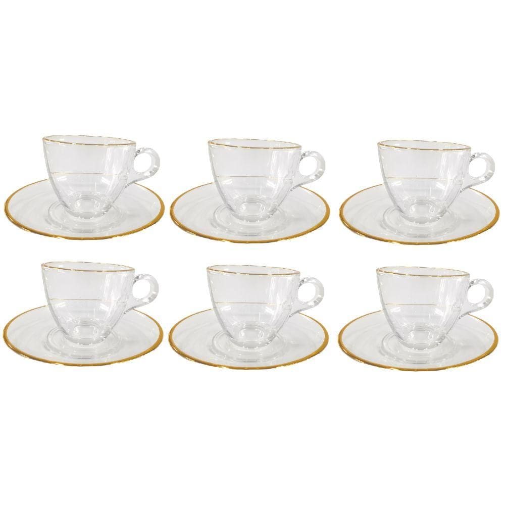 Conjunto de Xícaras de Chá c/ 6 Peças Borda Dourada - Quanhe
