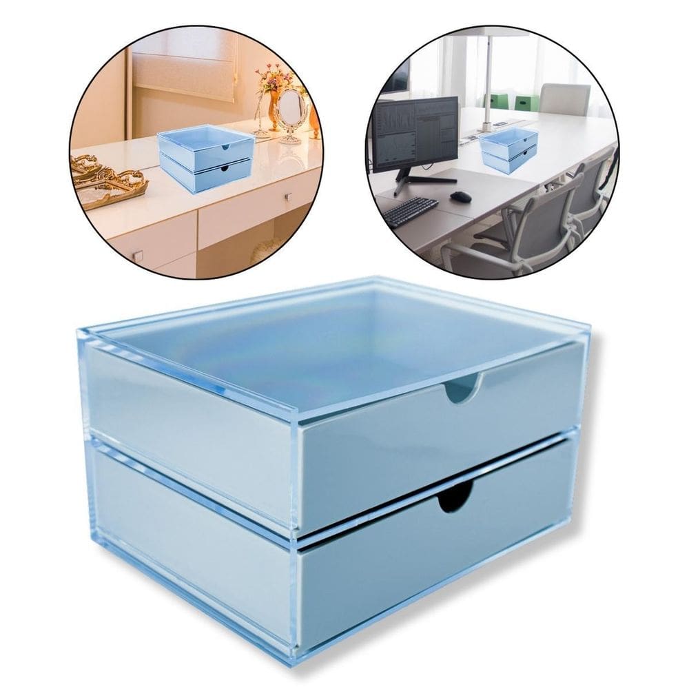 Caixa 2 Gavetas Organizadora Azul Multiuso Escritório Mesa