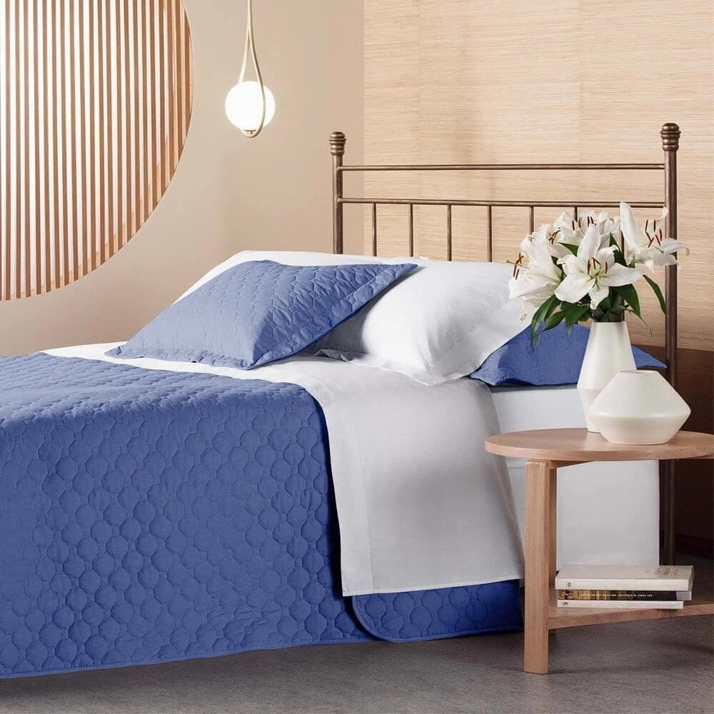 Kit Colcha Cobre Leito Queen 200 Fios Privilege Azul Andreza