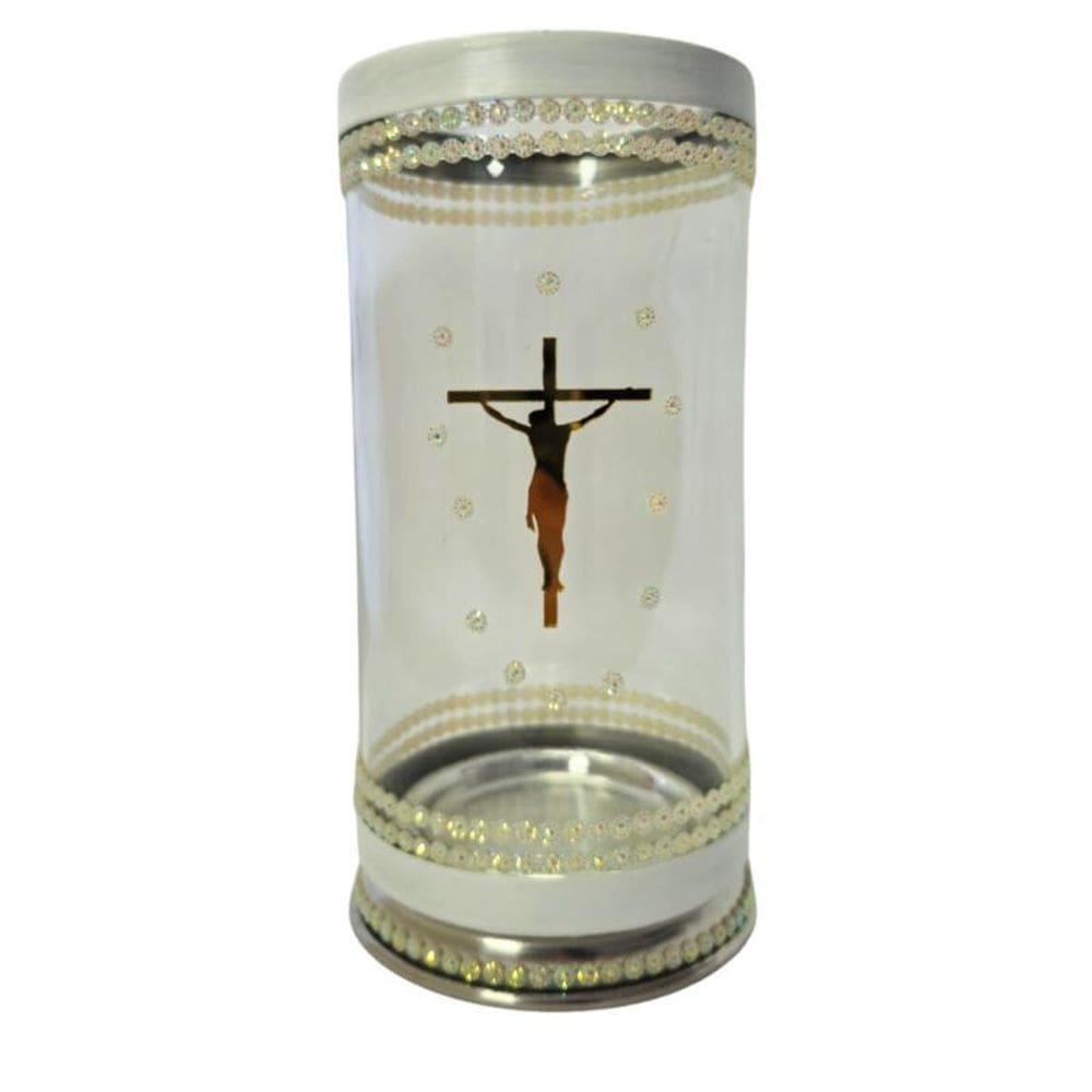 Porta Vela 7 Dias 18 Cm Jesus Cristo Cruz Vidro E Alumínio