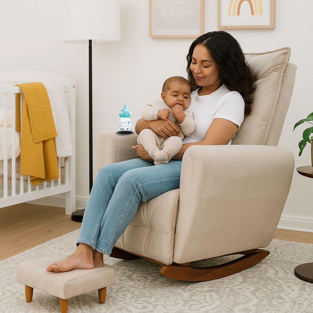 Poltrona Cadeira de Amamentação Balanço e Puff Ternura BegeClaro