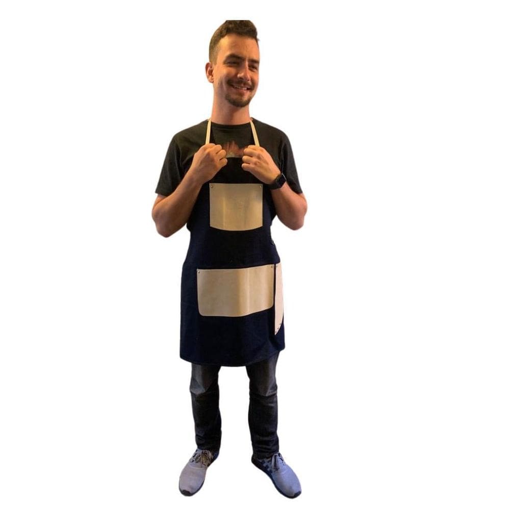 Avental Especial Em Jeans Azul E Couro Creme - Brasil
