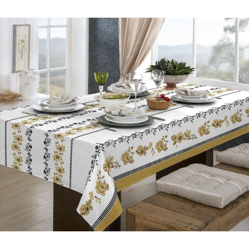 Toalha De Mesa De Jantar 2,50M 8 Pessoas Estampada Dourada