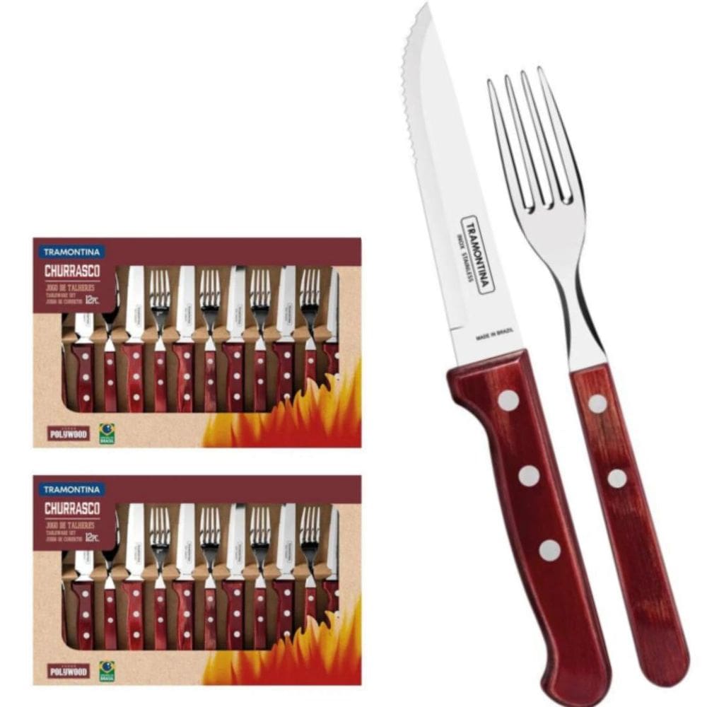 Kit Jogo Talheres Churrasco Gourmet Tramontina Inox 24Pc Polywod