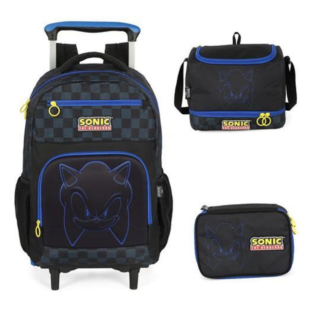 Kit Mochila Carrinho Rodinhas  Sonic Em Relevo