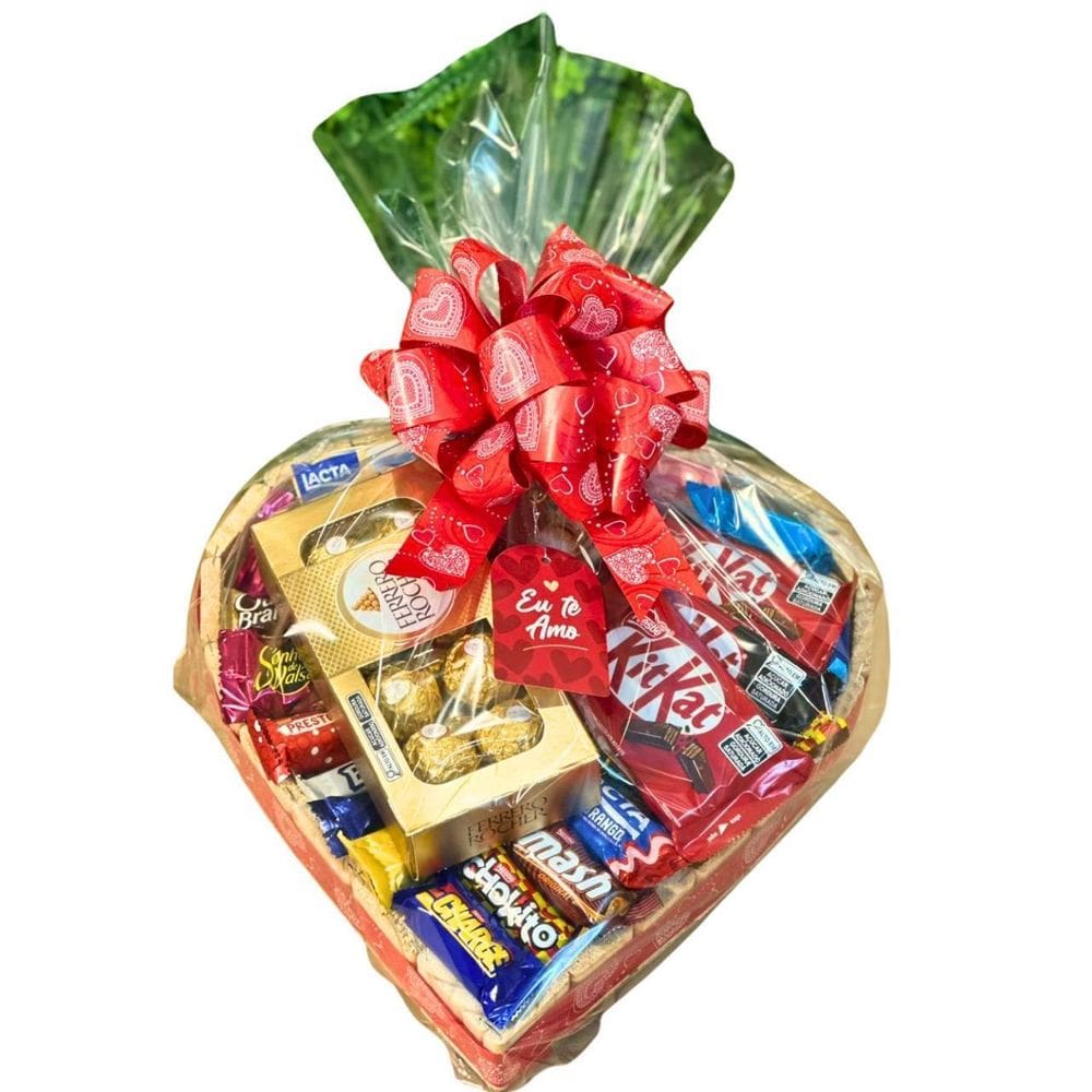 Cesta De Chocolate Formato Coração Com Lindo Laço Presente