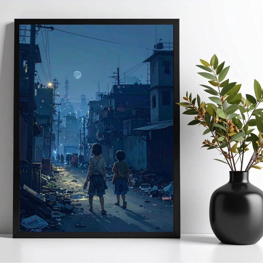 Quadro Crianças Na Favela A Noite 33X24Cm - Com Vidro
