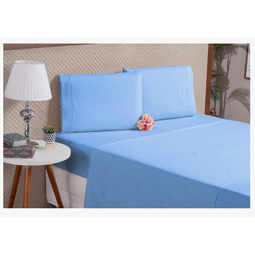 Lençol Queen 4 Peças Algodão Azul Hotel Motel Pousada