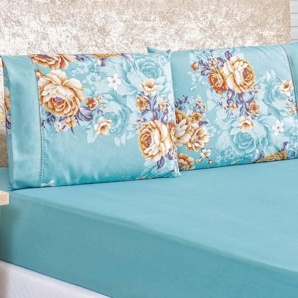 Jogo Cama Lençol Diamond Casal Tecido 200 Fios Azul Turquesa