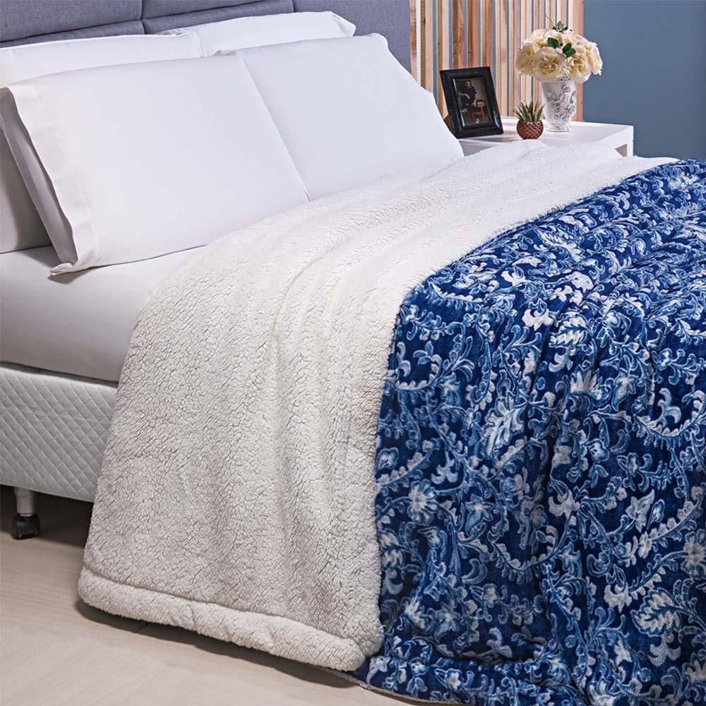 Manta Sherpa Solteiro Andreza Arabesco Azul