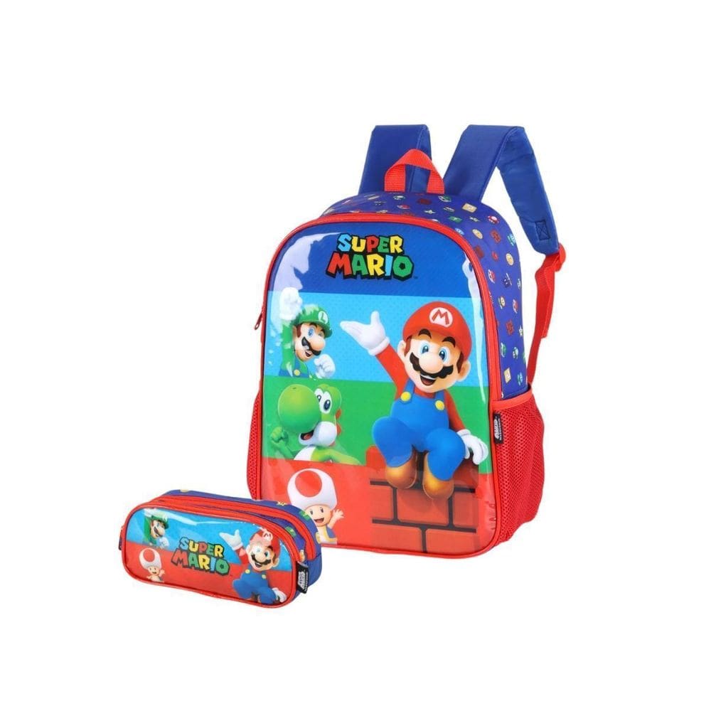 Mochila Costas Super Mario Com Estojo Duplo Escolar Passeio