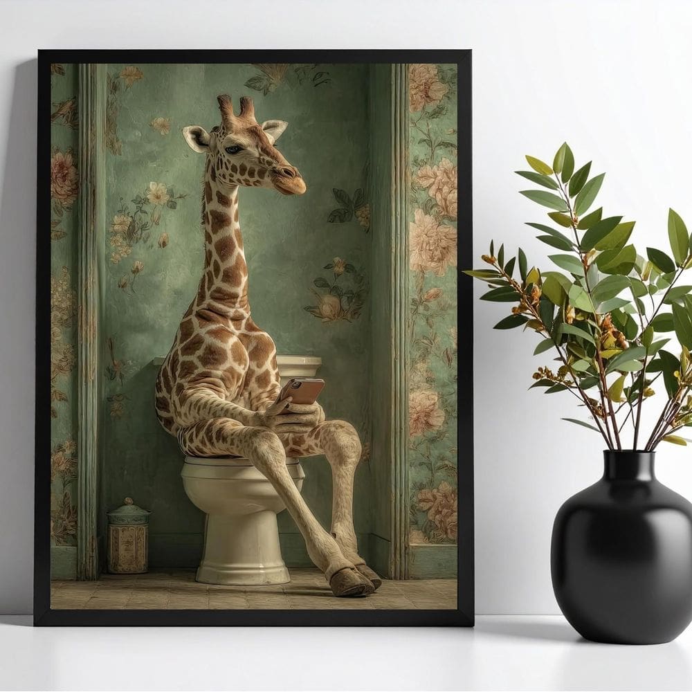 Quadro Banheiro Girafa No Vaso Com Celular 33X24Cm