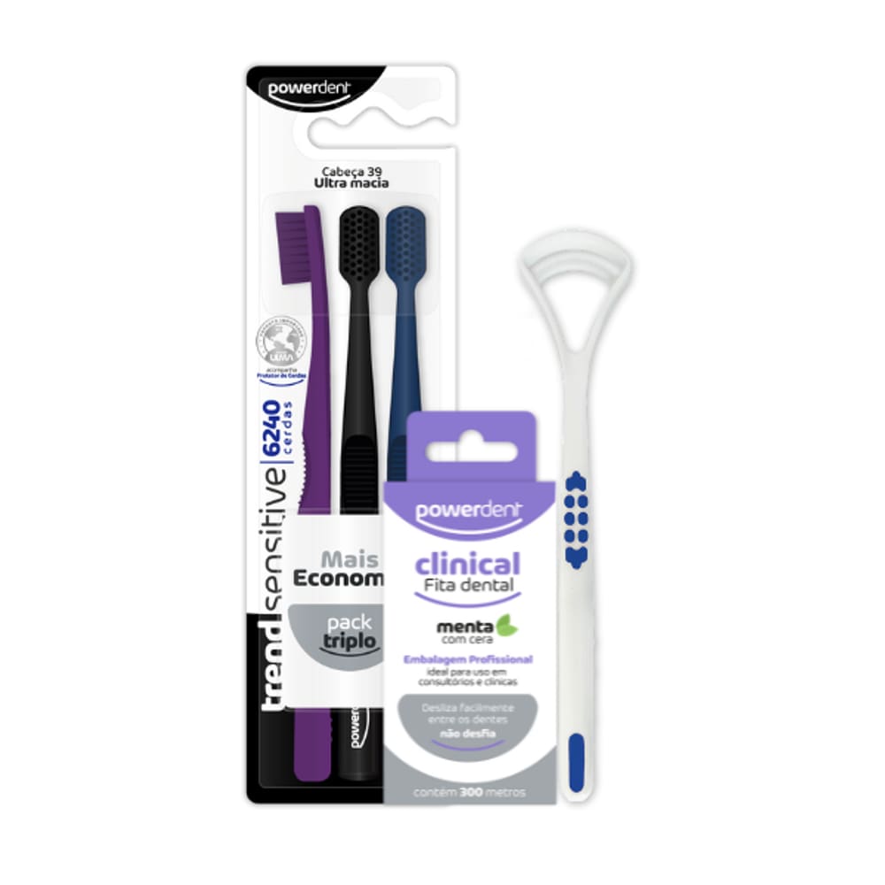 Kit Básico Escovação Powerdent Escova+Fio+Raspador