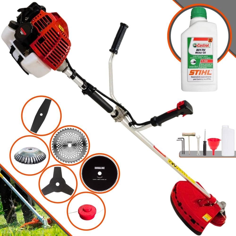 Roçadeira Aparador de Grama À Gasolina Kawashima KW52-L 52cc 2,5HP 10.000rpm Completo Com Kit 4 Lâminas + Carretel + Escova de Aço + ÓLEO STIHL 2T