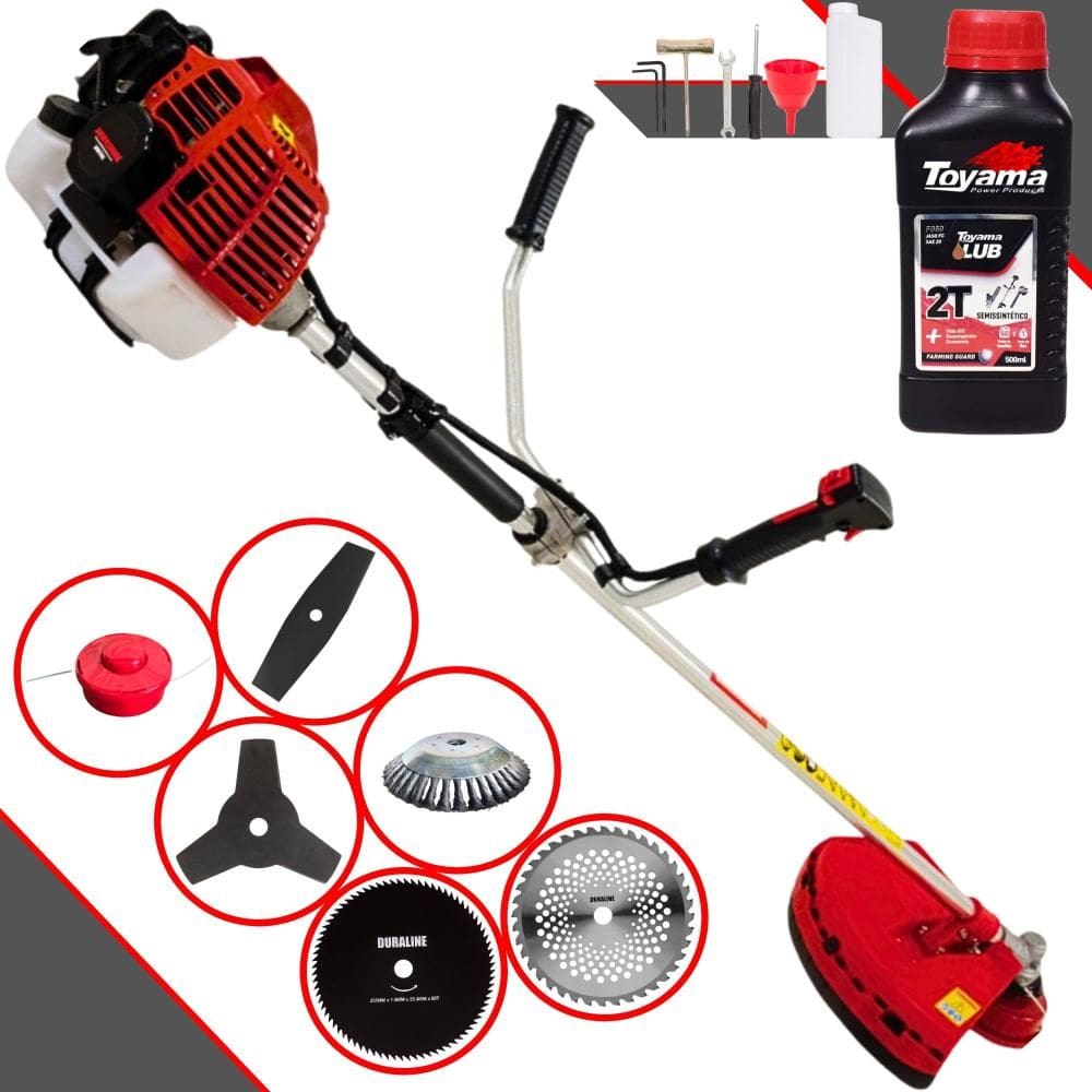 Cortador de Grama À Gasolina Kawashima KW52L 52cc 2,5HP 10.000rpm Roçadeira Multifuncional Com 6 Opções de Cortes + ÓLEO TOYAMA 2T