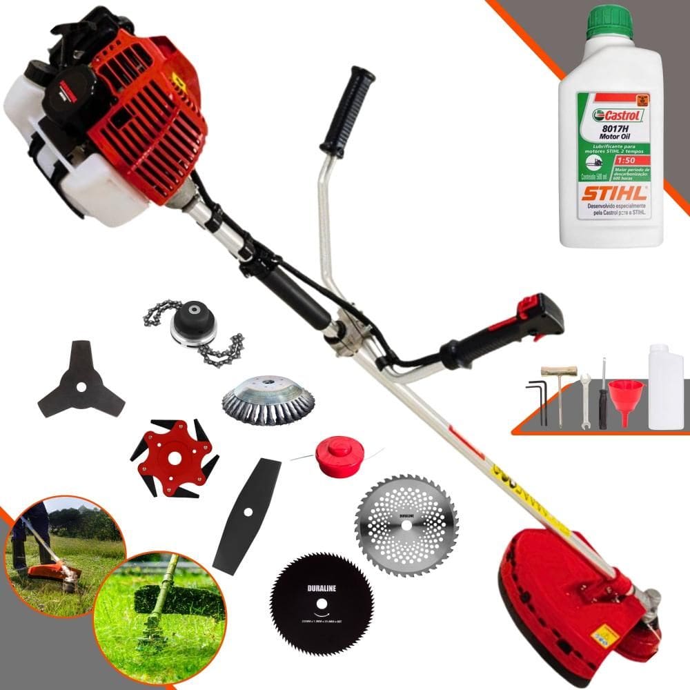 Roçadeira Kawashima KW52L 52cc Com Carretel + Facas 2 Pontas, 3 Pontas, 6 Pontas, 40 Dentes Vídea, 80 Dentes, Trimmer, Escova de Aço + ÓLEO STIHL 2T